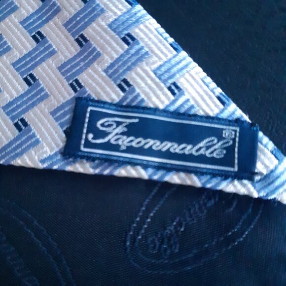 Faconnable 100% Silk Tie, White W/ Light & Navy Blue Geometric Pattern - Picture 8 of 14